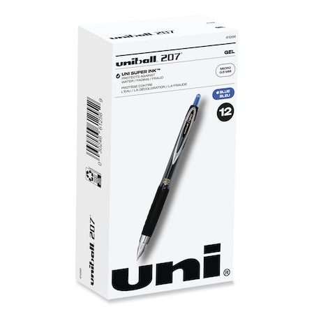 Uni-Ball Signo 207 Gel Pen, Retractable, Fine 0.5 mm, Blue Ink, Smoke/Black/Blue Barrel, PK12 61256